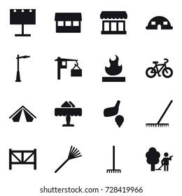 16 vector icon set : billboard, market, dome house, outdoor light, bike, tent, restaurant, golf, rake, farm fence, garden cleaning