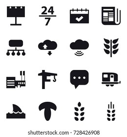 16 vector icon set : billboard, 24/7, calendar, newspaper, structure, cloude service, cloud wireless, mall, tower crane, trailer, shark flipper, spikelets
