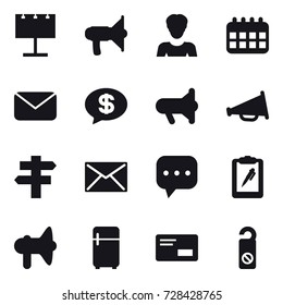 16 vector icon set : billboard, loudspeaker, woman, calendar, mail, money message, megafon, singlepost, fridge, do not distrub