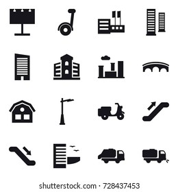 16 vector icon set : billboard, segway, store, skyscrapers, skyscraper, building, city, bridge, house, outdoor light, escalator, hotel, trash truck, sweeper