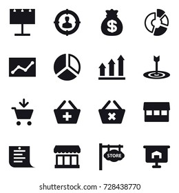 16 vector icon set : billboard, target audience, money bag, circle diagram, statistic, diagram, graph up, target, add to cart, add to basket, delete cart, market, shopping list, store signboard