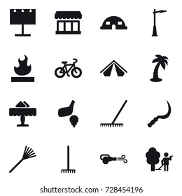 16 vector icon set : billboard, market, dome house, outdoor light, bike, tent, palm, restaurant, golf, rake, sickle, blower, garden cleaning