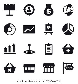 16 vector icon set : billboard, target audience, money bag, circle diagram, statistic, presentation, diagram, graph up, target, clipboard, add to basket, delete cart, market, store signboard