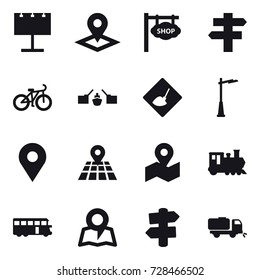 16 vector icon set : billboard, pointer, shop signboard, singlepost, bike, drawbridge, under construction, outdoor light, train, bus, map, signpost, sweeper
