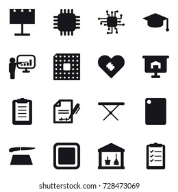 16 vector icon set : billboard, chip, graduate hat, presentation, cpu, iron board, cutting board, utility room, clipboard list