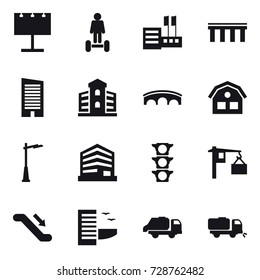 16 vector icon set : billboard, hoverboard, store, bridge, skyscraper, building, house, outdoor light, escalator, hotel, trash truck, sweeper