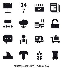 16 vector icon set : billboard, 24/7, calendar, newspaper, structure, cloud wireless, mall, unlock, trailer, baggage trolley, shark flipper, spikelets, hive