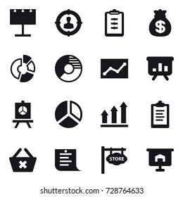 16 vector icon set : billboard, target audience, clipboard, money bag, circle diagram, statistic, presentation, diagram, graph up, delete cart, shopping list, store signboard
