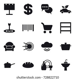 16 vector icon set : billboard, dollar, discussion, eco car, target, barcode, cart, rack, armchair, pan, saute pan, bread, dish cleanser, water tap sink