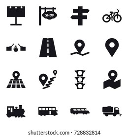 16 vector icon set : billboard, shop signboard, singlepost, bike, drawbridge, train, bus, sweeper