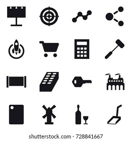 16 vector icon set : billboard, target, graph, molecule, rocket, cart, calculator, fence, brick, key, cutting board, windmill, wine, scoop