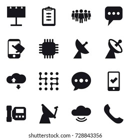 16 vector icon set : billboard, clipboard, team, message, touch, chip, satellite antenna, cloude service, ballon, mobile checking, intercome