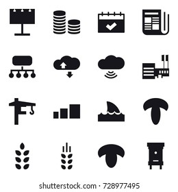 16 vector icon set : billboard, coin stack, calendar, newspaper, structure, cloude service, cloud wireless, mall, tower crane, shark flipper, spikelets, mushroom, hive