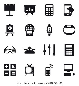 16 vector icon set : billboard, presentation, calculator, touch, notebook globe, smartwatch, smart bracelet, smart glasses, scales, equalizer, tv
