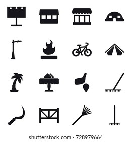 16 vector icon set : billboard, market, dome house, outdoor light, bike, tent, palm, restaurant, golf, rake, sickle, farm fence