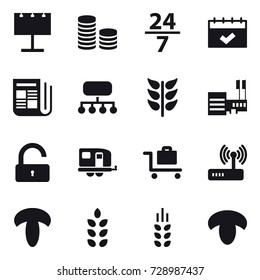 16 vector icon set : billboard, coin stack, 24/7, calendar, newspaper, structure, mall, unlock, trailer, baggage trolley, spikelets, mushroom