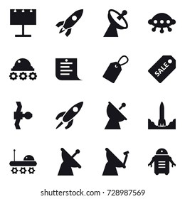16 vector icon set : billboard, rocket, satellite antenna, ufo, lunar rover, shopping list, label, sale label