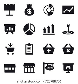 16 vector icon set : billboard, money bag, circle diagram, statistic, presentation, diagram, graph up, target, add to cart, clipboard, add to basket, delete cart, market, store signboard