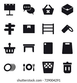 16 vector icon set : billboard, discussion, delete cart, box, singlepost, table, cutting board, trash bin