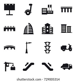 16 vector icon set : billboard, segway, store, bridge, skyscraper, building, district, outdoor light, escalator, trash truck