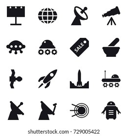 16 vector icon set : billboard, globe, satellite antenna, telescope, ufo, lunar rover, sale label