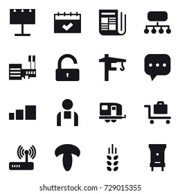16 vector icon set : billboard, calendar, newspaper, structure, mall, unlock, tower crane, trailer, baggage trolley, spikelets, hive