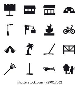 16 vector icon set : billboard, market, dome house, outdoor light, bike, tent, palm, rake, farm fence, blower, garden cleaning