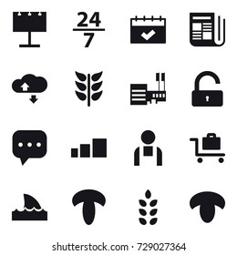 16 vector icon set : billboard, 24/7, calendar, newspaper, cloude service, mall, unlock, baggage trolley, shark flipper, spikelets, mushroom