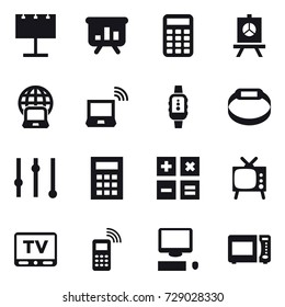 16 vector icon set : billboard, presentation, calculator, notebook globe, notebook wireless, smartwatch, smart bracelet, equalizer, tv