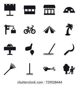 16 vector icon set : billboard, market, dome house, bike, tent, palm, restaurant, golf, rake, sickle, blower, garden cleaning