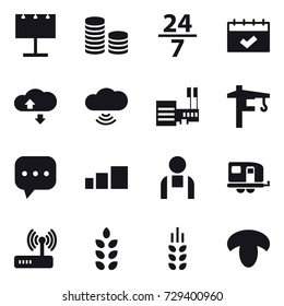 16 vector icon set : billboard, coin stack, 24/7, calendar, cloude service, cloud wireless, mall, tower crane, trailer, spikelets, mushroom