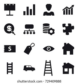 16 vector icon set : billboard, graph, woman, diagram, dollar arrow, structure, virtual mining, puzzle, receipt, label, home, stairs, house