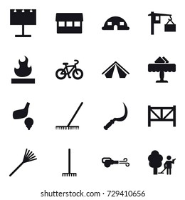 16 vector icon set : billboard, market, dome house, bike, tent, restaurant, golf, rake, sickle, farm fence, blower, garden cleaning