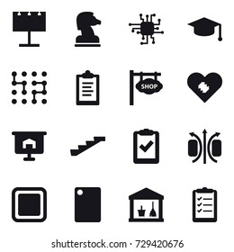 16 vector icon set : billboard, chess horse, chip, graduate hat, clipboard, shop signboard, presentation, stairs, cutting board, utility room, clipboard list