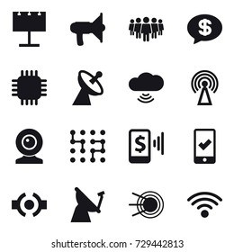 16 vector icon set : billboard, loudspeaker, team, money message, chip, satellite antenna, cloud wireless, antenna, web cam, mobile pay, mobile checking
