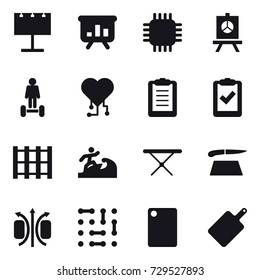 16 vector icon set : billboard, presentation, chip, hoverboard, cardio chip, surfer, iron board, cutting board