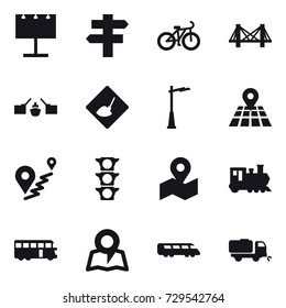 16 vector icon set : billboard, singlepost, bike, bridge, drawbridge, under construction, outdoor light, train, bus, map, sweeper