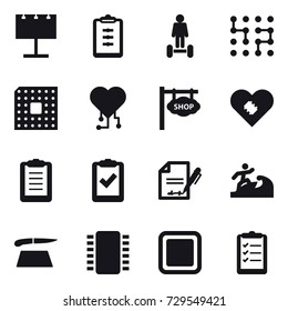 16 vector icon set : billboard, clipboard, hoverboard, chip, cpu, cardio chip, shop signboard, surfer, cutting board, clipboard list