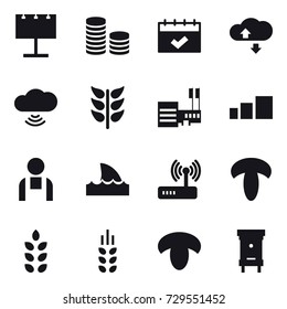 16 vector icon set : billboard, coin stack, calendar, cloude service, cloud wireless, mall, shark flipper, spikelets, mushroom, hive