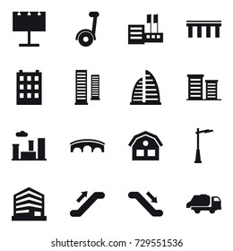 16 vector icon set : billboard, segway, store, bridge, building, skyscrapers, skyscraper, district, city, house, outdoor light, escalator, trash truck