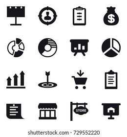 16 vector icon set : billboard, target audience, clipboard, money bag, circle diagram, presentation, diagram, graph up, target, add to cart, shopping list, market, store signboard