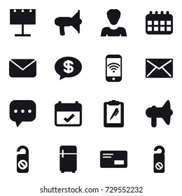 16 vector icon set : billboard, loudspeaker, woman, calendar, mail, money message, phone wireless, do not distrub, fridge