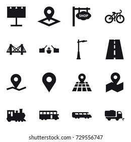 16 vector icon set : billboard, pointer, shop signboard, bike, bridge, drawbridge, outdoor light, train, bus, sweeper