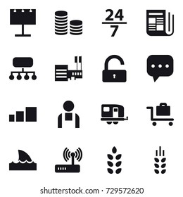 16 vector icon set : billboard, coin stack, 24/7, newspaper, structure, mall, unlock, trailer, baggage trolley, shark flipper, spikelets