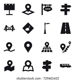 16 vector icon set : billboard, pointer, shop signboard, singlepost, bridge, under construction, outdoor light, map, signpost