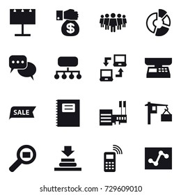 16 vector icon set : billboard, money gift, team, circle diagram, discussion, structure, notebook connect, market scales, sale, copybook, mall