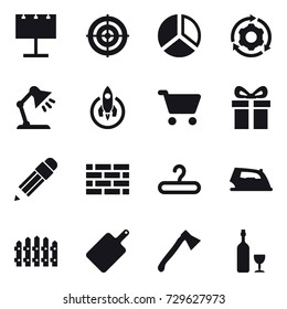 16 vector icon set : billboard, target, diagram, around gear, table lamp, rocket, cart, gift, pencil, brick wall, hanger, iron, fence, cutting board, axe, wine