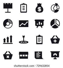 16 vector icon set : billboard, clipboard, money bag, circle diagram, statistic, presentation, diagram, graph up, target, add to basket, delete cart, market, shopping list