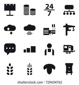 16 vector icon set : billboard, coin stack, 24/7, structure, cloude service, cloud wireless, mall, tower crane, trailer, spikelets, mushroom, hive