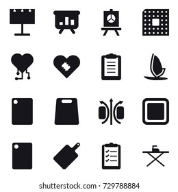 16 vector icon set : billboard, presentation, cpu, cardio chip, windsurfing, cutting board, clipboard list, iron board